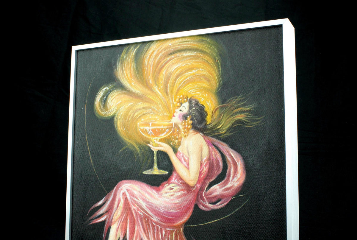 Origineel handgeschilderd schilderij - Art Nouveau - vrouw met champagne - Ingelijst canvas wanddecoratie in aluminimum lijst - 30×40 cm