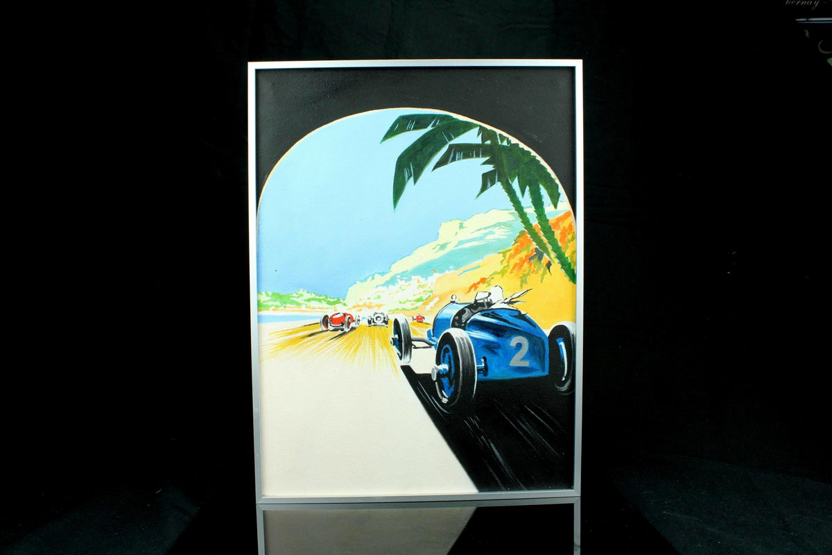 Origineel handgeschilderd schilderij - Grand Prix Formule 1 raceauto - retro poster stijl - ingelijst in aluminium lijst - 30×40 cm