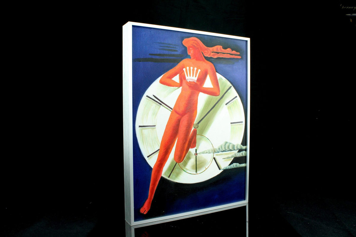 Origineel handgeschilderd schilderij - Art deco Rolex horloge stijl - vintage poster stijl - ingelijst in aluminium lijst - 30×40 cm