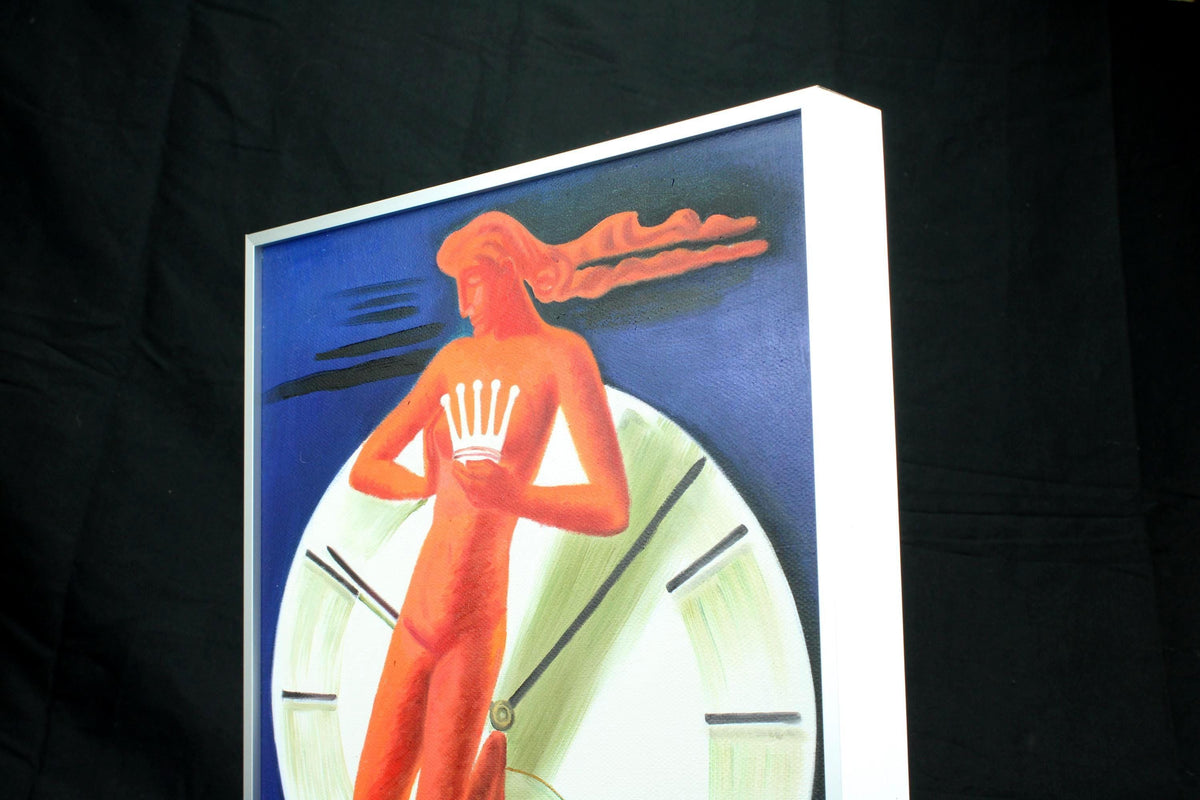 Origineel handgeschilderd schilderij - Art deco Rolex horloge stijl - vintage poster stijl - ingelijst in aluminium lijst - 30×40 cm