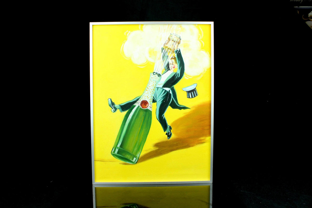 Origineel handgeschilderd schilderij - vintage champagne poster stijl - vrolijk mansfiguur - ingelijst in aluminium lijst - 30×40 cm
