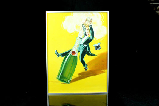 Origineel handgeschilderd schilderij - vintage champagne poster stijl - vrolijk mansfiguur - ingelijst in aluminium lijst - 30×40 cm