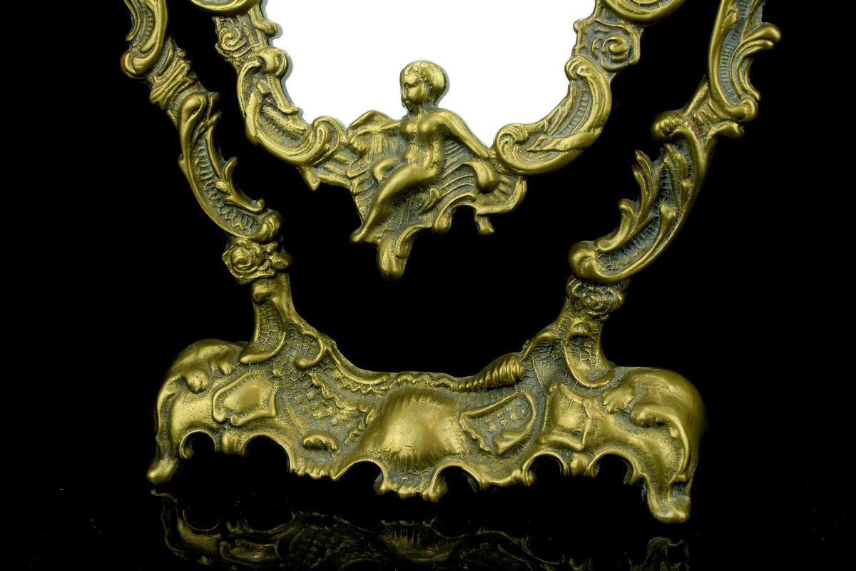 Antieke messing make-up / toilet  / kaptafel spiegel - rococo stijl - pivoterend - Putto & Schelp - Victoriaans ca. 18801910 - 35 cm. hoog