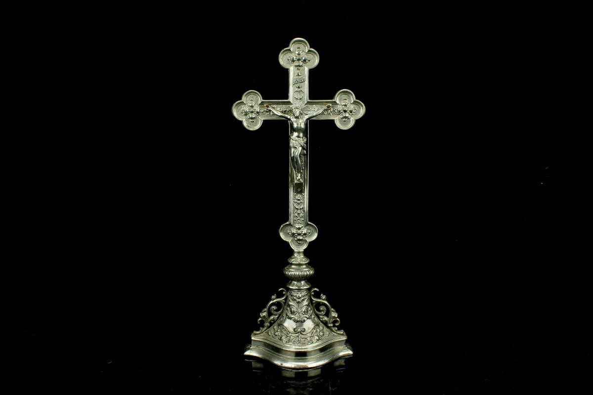 Antiek spelter altaarkruis - INRI Corpus Christi - Belgisch/ Frans neogotisch & barok - 19e eeuw - ca. 18701900 - antiek kerkstuk