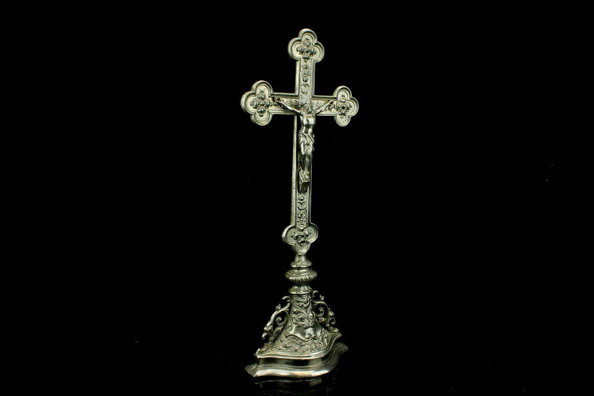Antiek spelter altaarkruis - INRI Corpus Christi - Belgisch/ Frans neogotisch & barok - 19e eeuw - ca. 18701900 - antiek kerkstuk