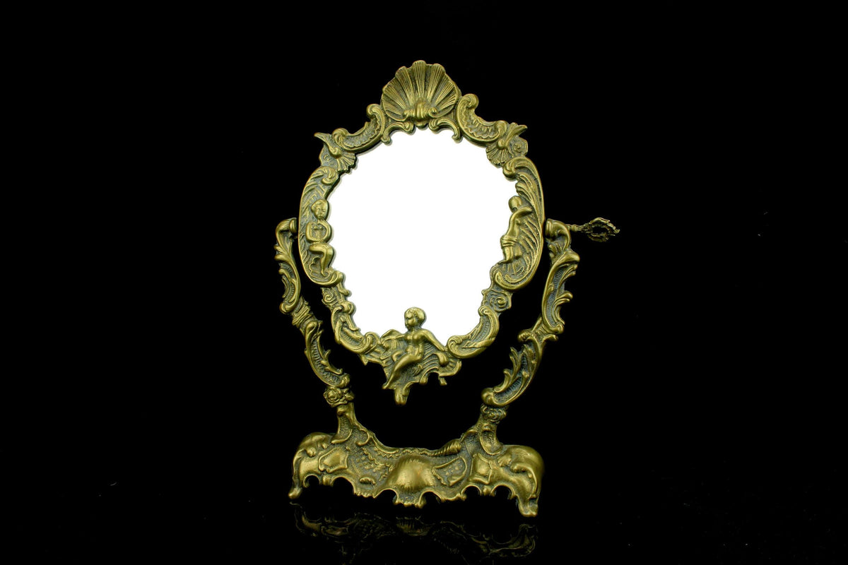 Antieke messing make-up / toilet  / kaptafel spiegel - rococo stijl - pivoterend - Putto & Schelp - Victoriaans ca. 18801910 - 35 cm. hoog