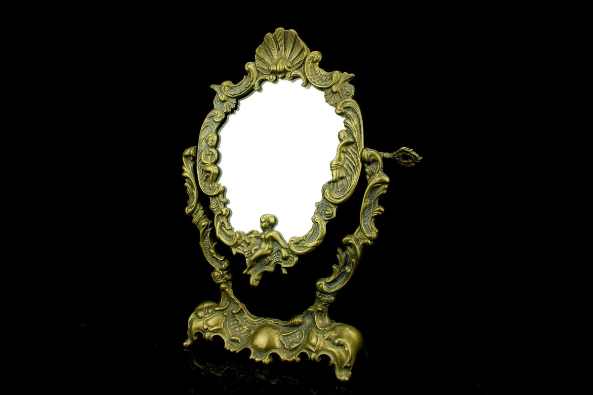 Antieke messing make-up / toilet  / kaptafel spiegel - rococo stijl - pivoterend - Putto & Schelp - Victoriaans ca. 18801910 - 35 cm. hoog