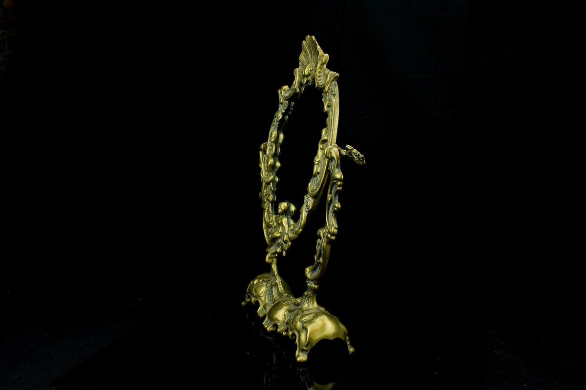 Antieke messing make-up / toilet  / kaptafel spiegel - rococo stijl - pivoterend - Putto & Schelp - Victoriaans ca. 18801910 - 35 cm. hoog