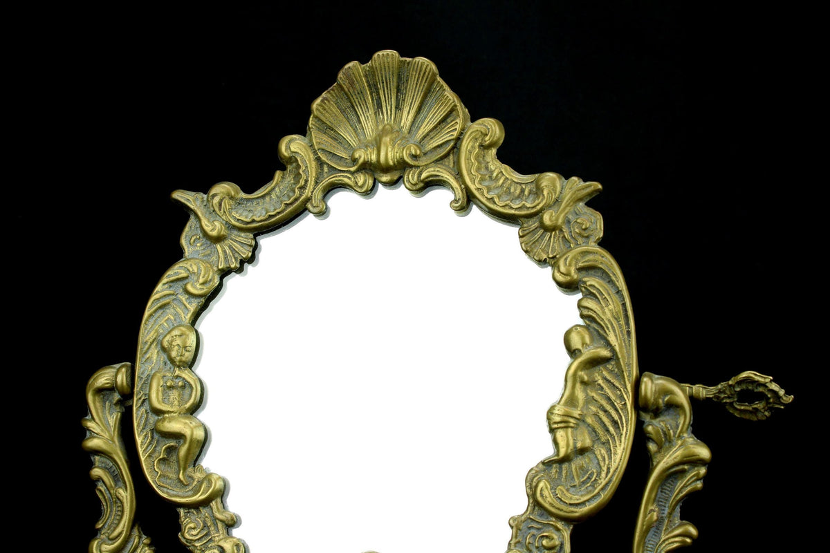 Antieke messing make-up / toilet  / kaptafel spiegel - rococo stijl - pivoterend - Putto & Schelp - Victoriaans ca. 18801910 - 35 cm. hoog