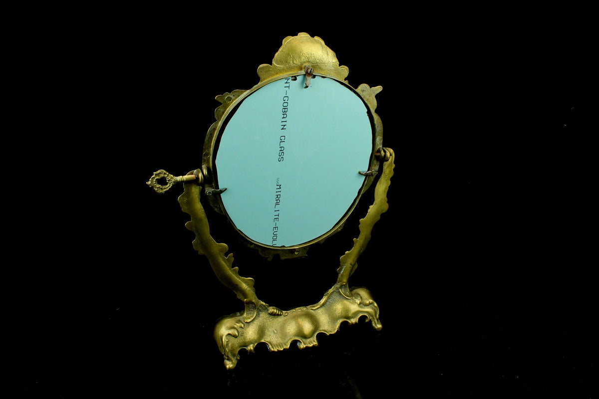 Antieke messing make-up / toilet  / kaptafel spiegel - rococo stijl - pivoterend - Putto & Schelp - Victoriaans ca. 18801910 - 35 cm. hoog