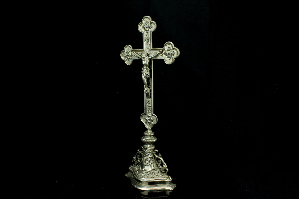 Antiek spelter altaarkruis - INRI Corpus Christi - Belgisch/ Frans neogotisch & barok - 19e eeuw - ca. 18701900 - antiek kerkstuk