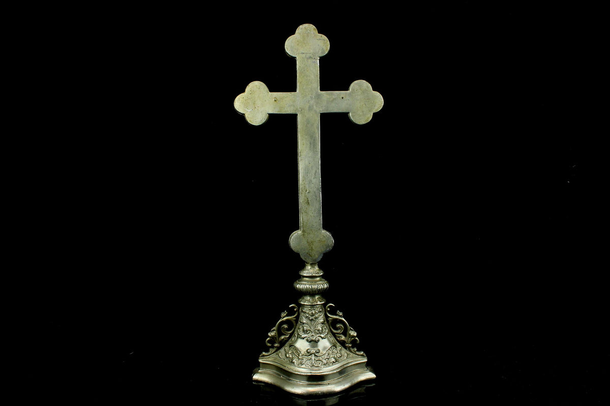 Antiek spelter altaarkruis - INRI Corpus Christi - Belgisch/ Frans neogotisch & barok - 19e eeuw - ca. 18701900 - antiek kerkstuk