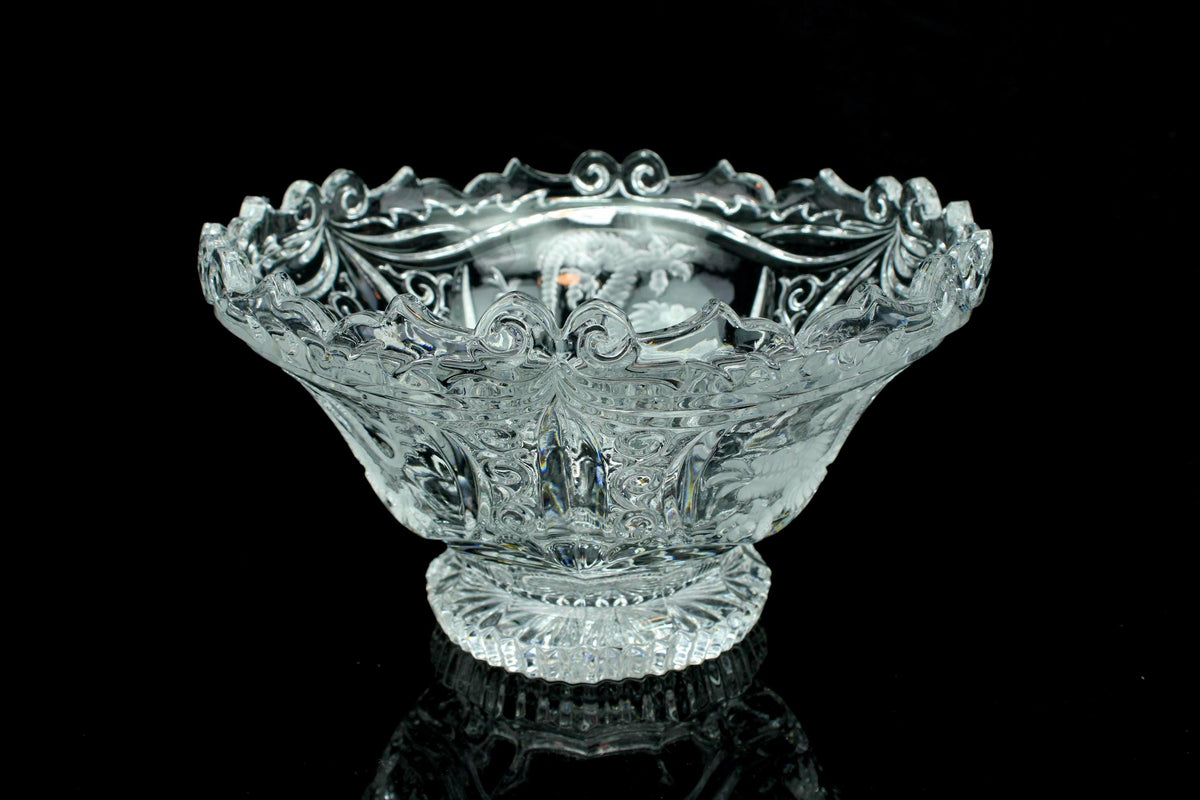 Vintage Beiers kristallen schaal - hand gegraveerde compote - Feniksmotief - barok - ca. 1950-1970 - 22 cm doorsede - 1.7 kg.
