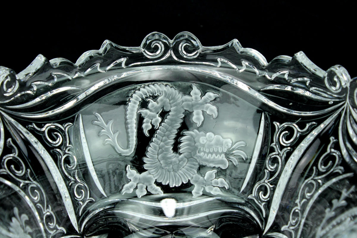 Vintage Beiers kristallen schaal - hand gegraveerde compote - Feniksmotief - barok - ca. 1950-1970 - 22 cm doorsede - 1.7 kg.