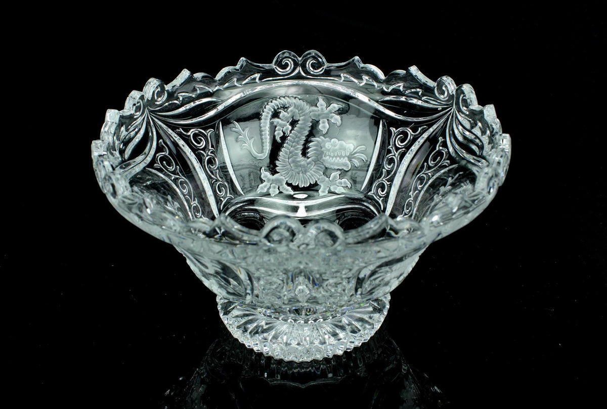 Vintage Beiers kristallen schaal - hand gegraveerde compote - Feniksmotief - barok - ca. 1950-1970 - 22 cm doorsede - 1.7 kg.