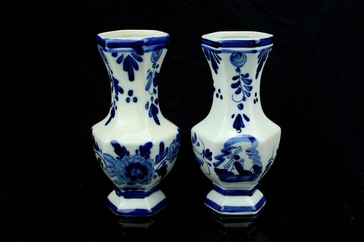 Delfts Blauw stijl paar vaasjes - achthoekig - molen & bloem - handgeschilderd - set van 2 - 17,5 cm
