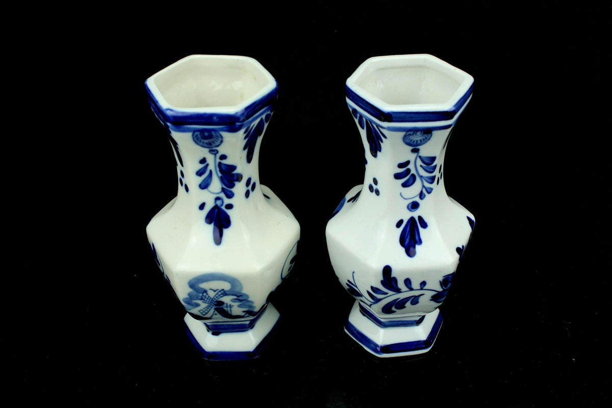 Delfts Blauw stijl paar vaasjes - achthoekig - molen & bloem - handgeschilderd - set van 2 - 17,5 cm