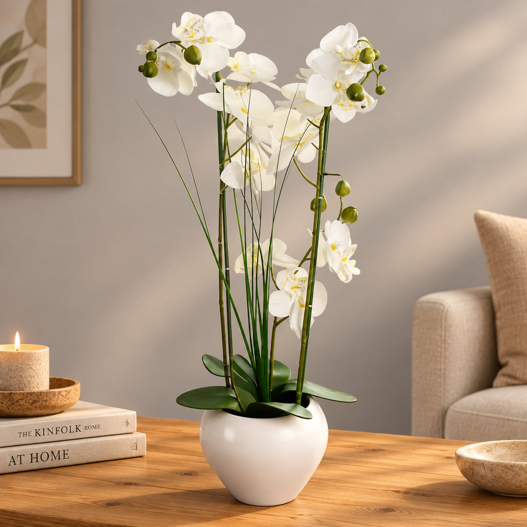 Kunstorchidee in witte keramieken bloempot – zijden Phalaenopsis - 53 cm hoog