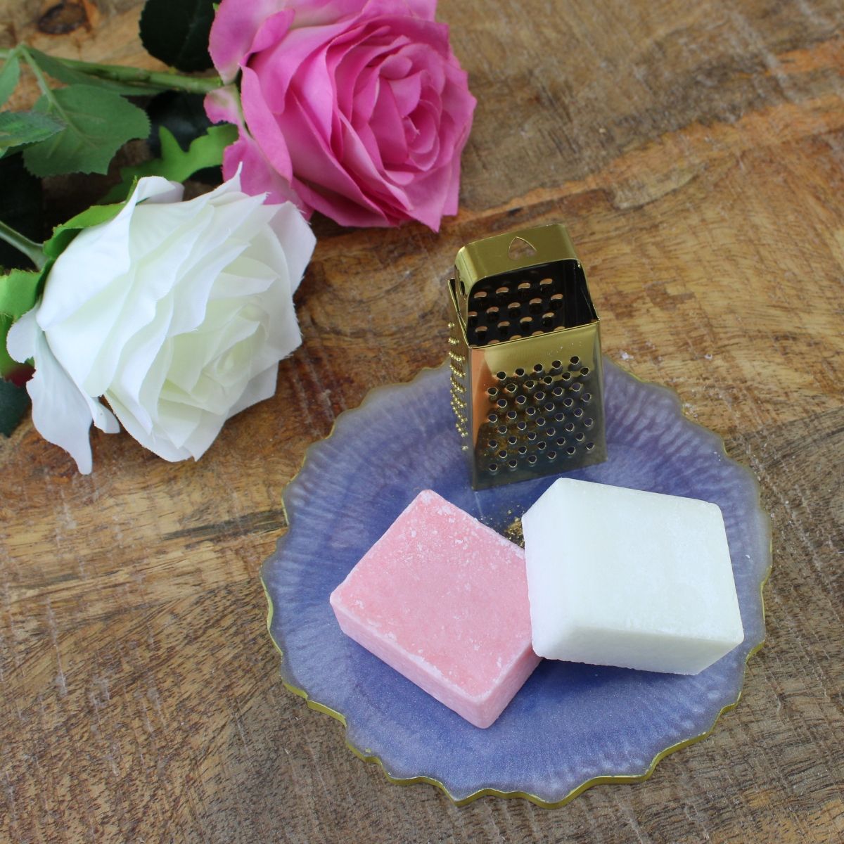 Cotton / Rose - geurblokjes / amberblokjes set met plateau, rasp