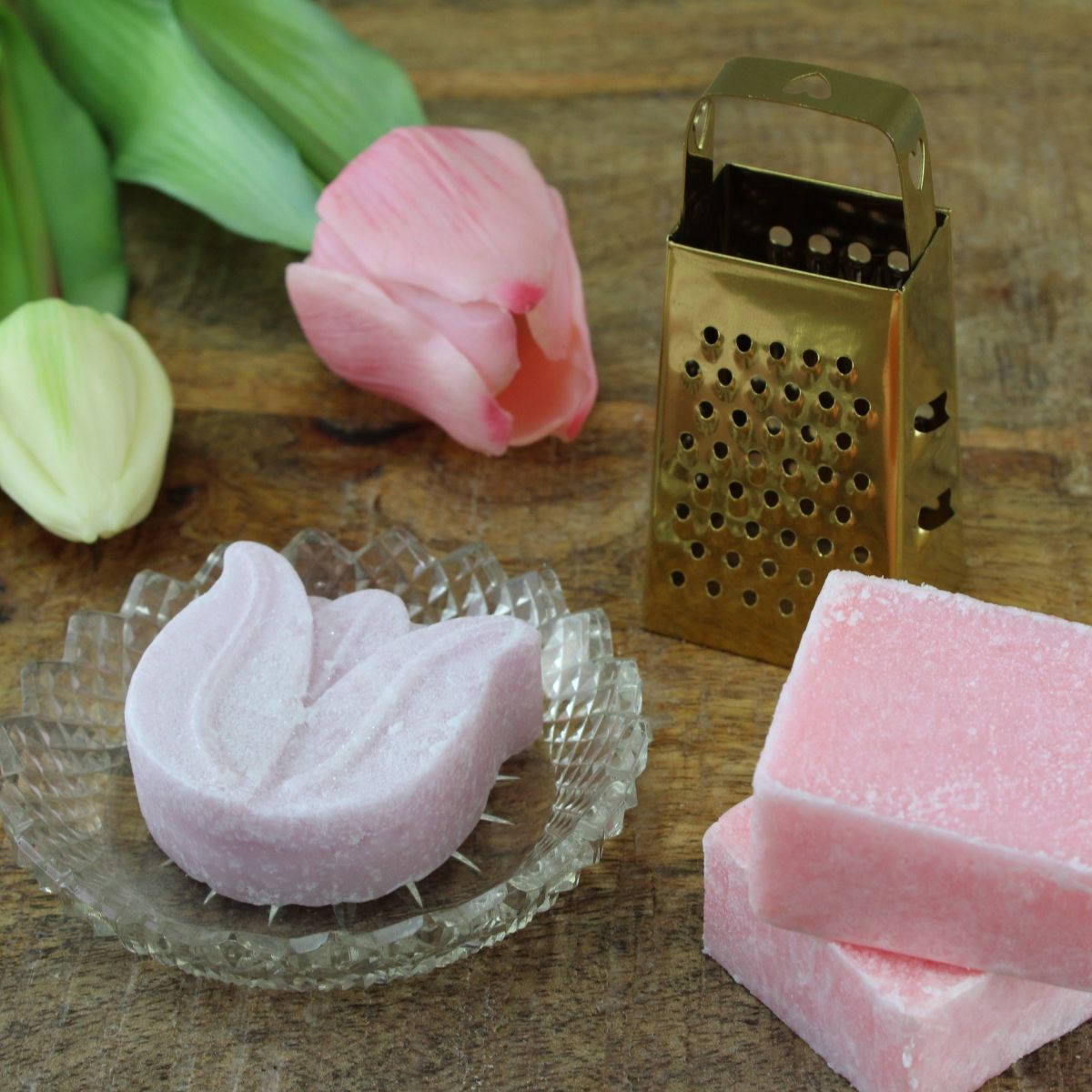 Rose / tulp – geurblokjes / amberblokjes set met kristal schaaltje, rasp – luxe cadeauset