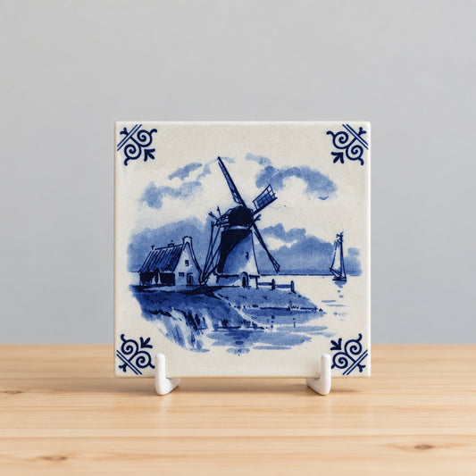 Delfts Blauwe molen tegel  incl. standaard – 13 cm