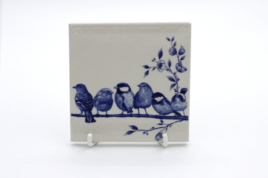 Delfts Blauwe bosvogels tegel incl. standaard – 13 cm