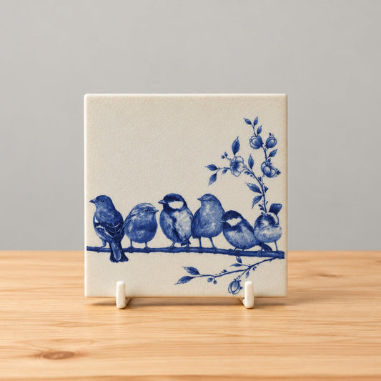 Delfts Blauwe bosvogels tegel incl. standaard – 13 cm