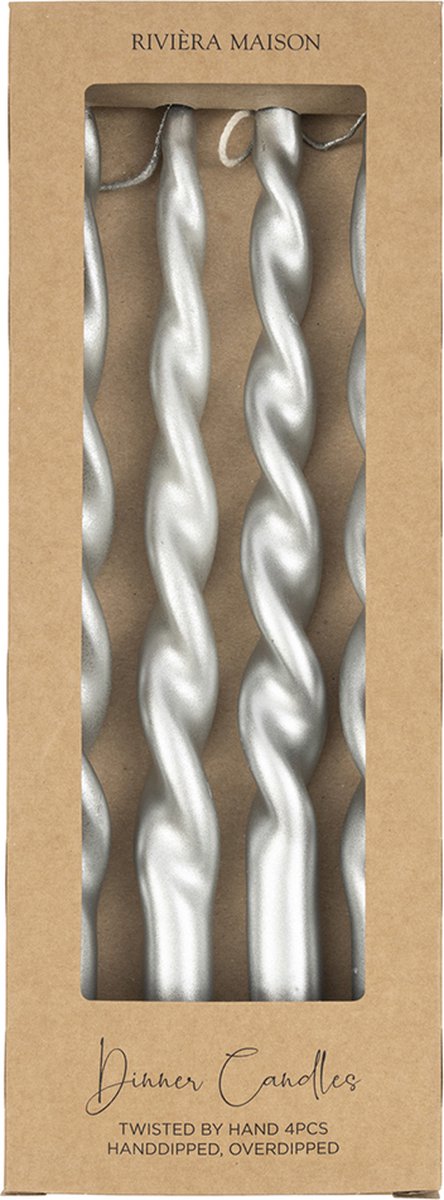 Rivièra Maison Twisted dinerkaarsen zilver/glossy gedraaid 30 cm (4 Stuks)