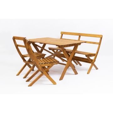 Solhavn: set houten tuintafel, bank en stoelen