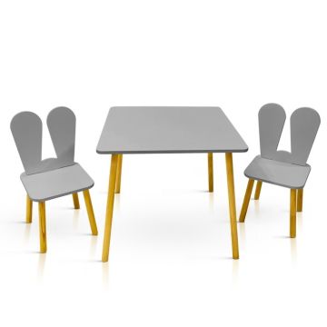 Lilleven: vierkante kindertafel en stoelen met konijnenoren grijs/geel