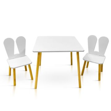 Lilleven: vierkante kindertafel en stoelen met konijnenoren wit/geel