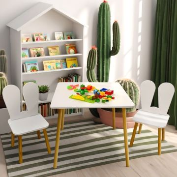 Lilleven kindertafel vierkant met 2 stoelen – kindermeubel set voor peuters & kleuters – hout wit met houten poten – speeltafel & eettafel