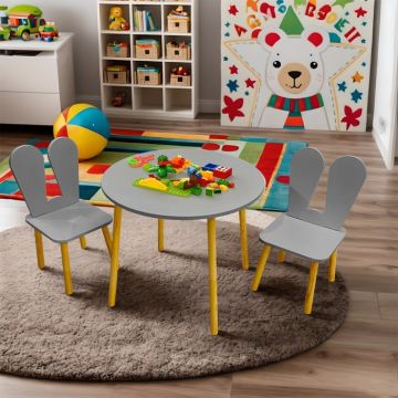Lilleven kindertafel rond met 2 stoelen – kindermeubel set voor peuters & kleuters – hout grijs met houten poten – speeltafel & eettafel