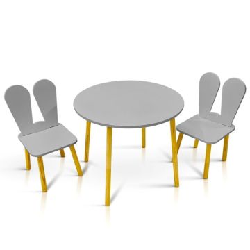Lilleven: ronde kindertafel en stoelen met konijnenoren grijs/geel