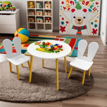 Lilleven kindertafel rond met 2 stoelen – kindermeubel set voor peuters & kleuters – hout wit met houten poten – speeltafel & eettafel
