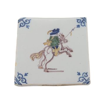 Vintage keramische tegel met ruiter te paard; handbeschilderd 10cm