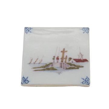 Vintage keramische tegel met Hollands landschap; handbeschilderd 13cm